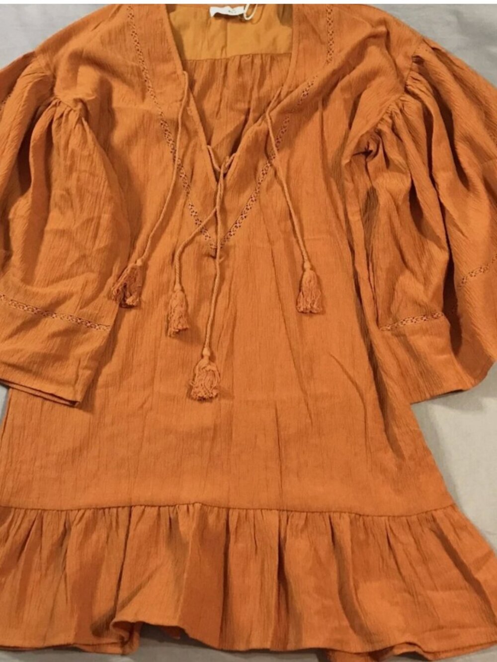 NWT Storia Dress Womens Medium Rust Brown Orange V Neck Flutter Sleeve Tassled